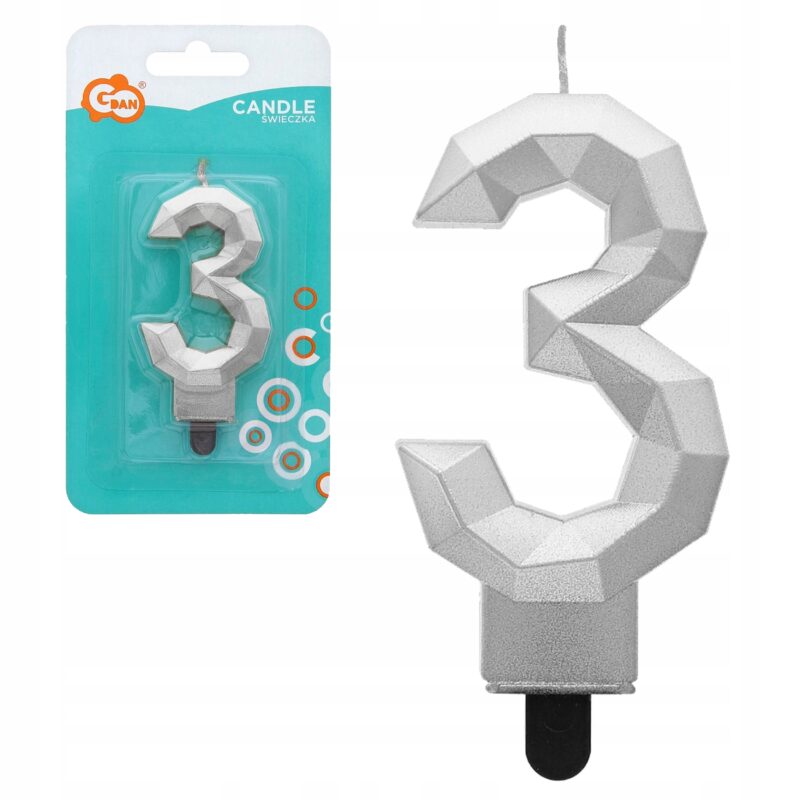 ŚWIECZKA CYFERKA 3 DIAMENT METALIK SREBRNY 7,6cm