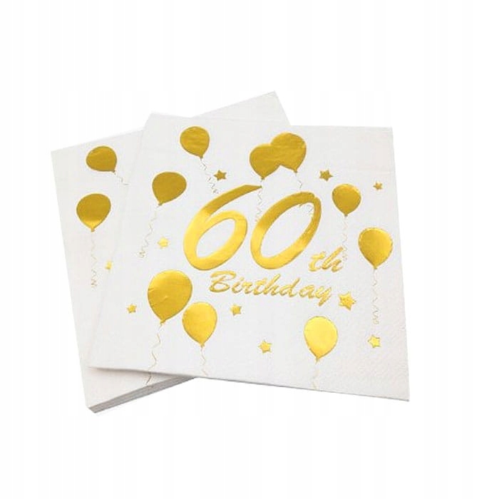 SERWETKI NA 60 URODZINY 60 TH BIRTHDAY BALONY BIAŁO ZŁOTE 33X33CM 10SZT