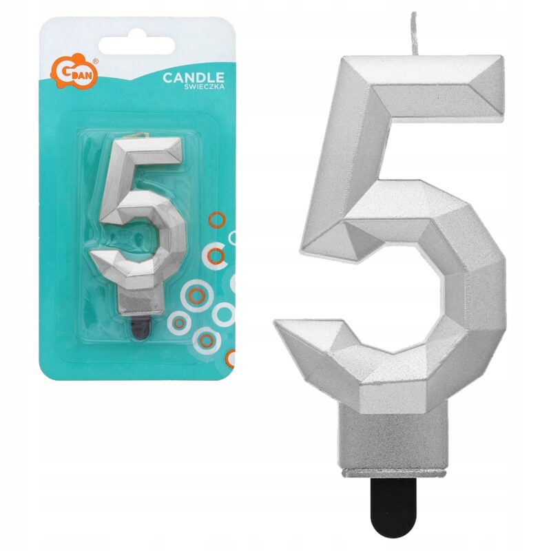 ŚWIECZKA CYFERKA 5 DIAMENT METALIK SREBRNY 7,6cm