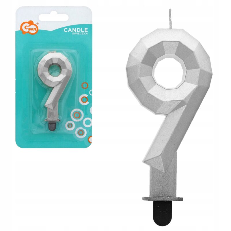 ŚWIECZKA CYFERKA 9 DIAMENT METALIK SREBRNY 7,6cm
