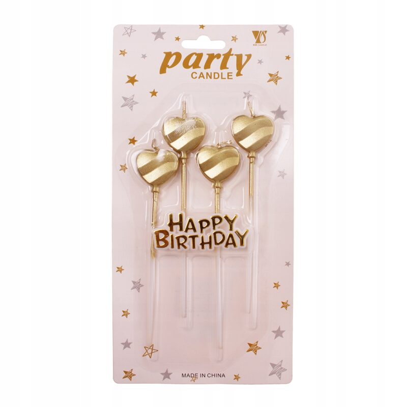 ŚWIECZKA URODZINOWA NA TORT ZŁOTE SERCA 4 SZT + napis HAPPY BIRTHDAY