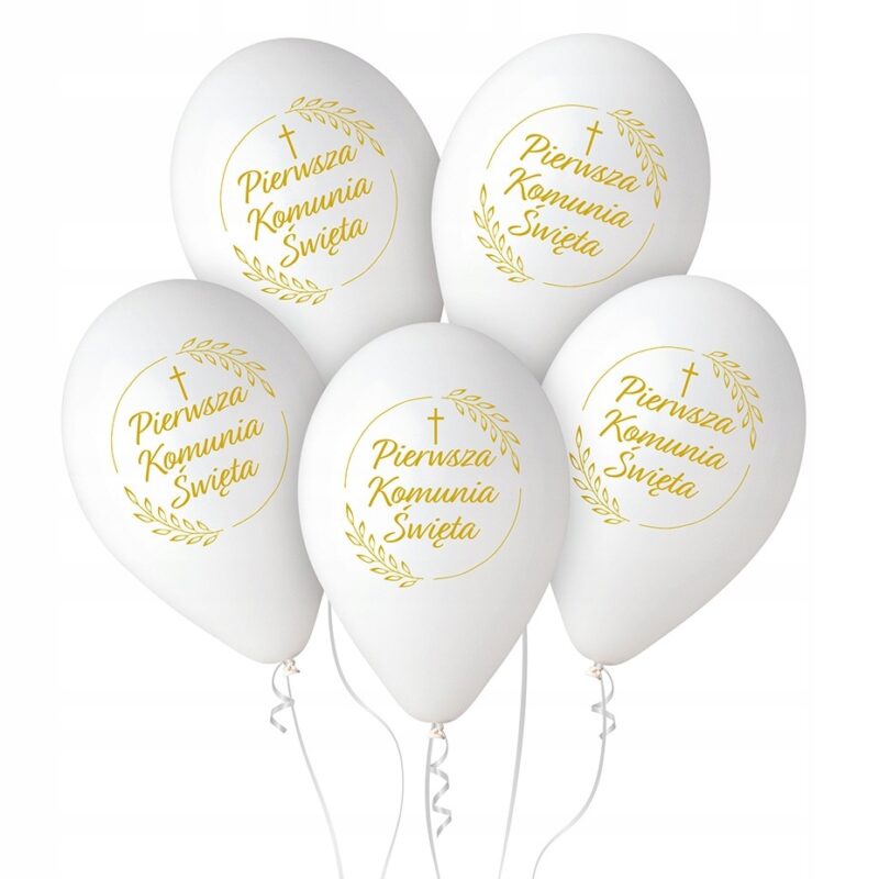 BALONY LATEKS ZŁOTY NAPIS PIERWSZA KOMUNIA ŚWIĘTA KŁOSY PRZYJĘCIE HEL 5szt