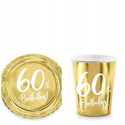 Komplet kubeczki TALERZYKI ZŁOTE 60 urodziny 40th Birthday, 12 elementów