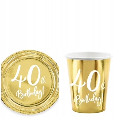 Komplet kubeczki TALERZYKI ZŁOTE 40 urodziny 40th Birthday, 12 elementów