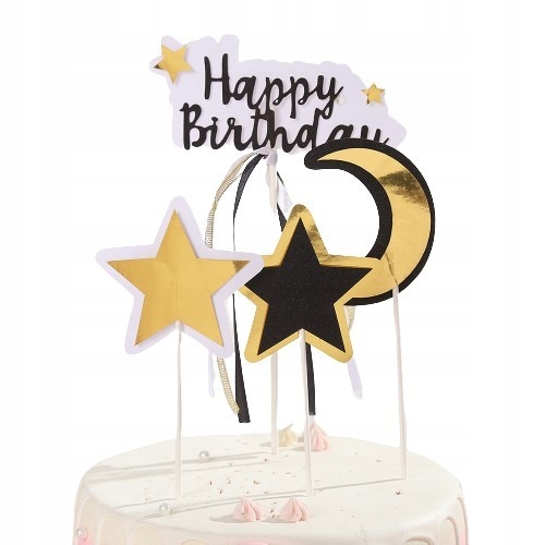 Topper na tort Happy Birthday czarno złoty, 4 elementy, 23 cm