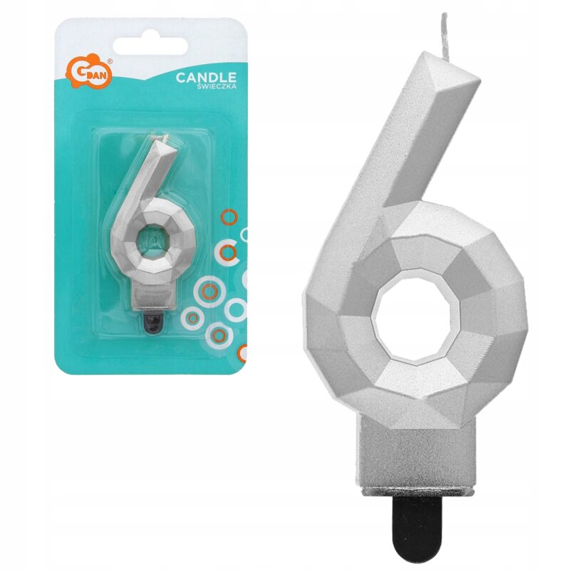 ŚWIECZKA CYFERKA 6 DIAMENT METALIK SREBRNY 7,6cm