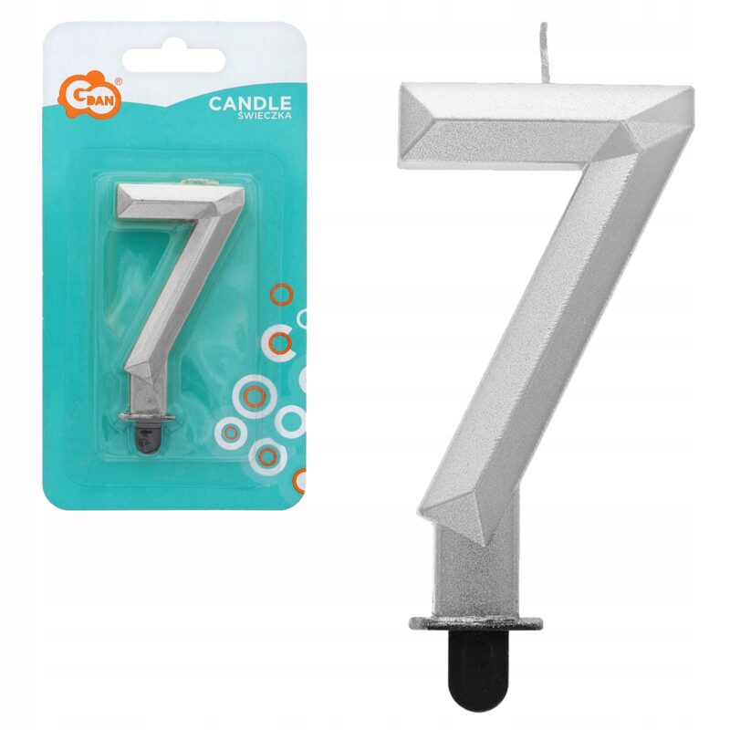 ŚWIECZKA CYFERKA 7 DIAMENT METALIK SREBRNY 7,6cm