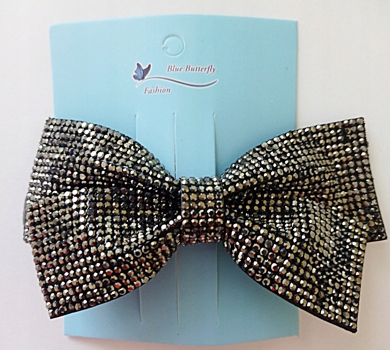 Spinka kokarda duża cyrkonie czarna, 10,5 cm