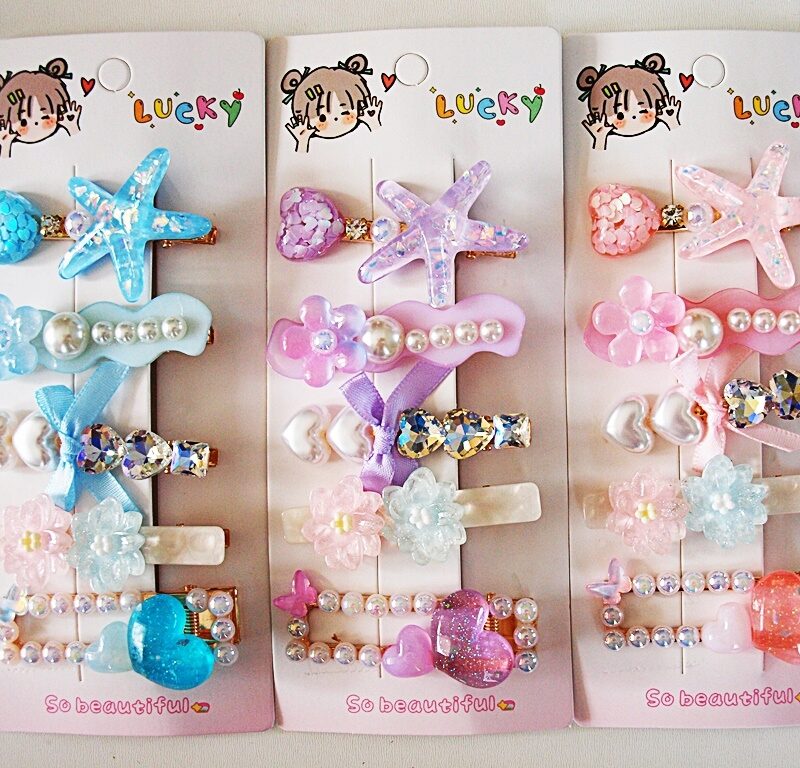 ZESTAW 5 SPINEK krokodylki różowe ze złotymi spinkami, 6 cm