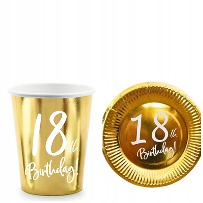 Komplet kubeczki TALERZYKI ZŁOTE 18 urodziny 18th Birthday, 12 elementów