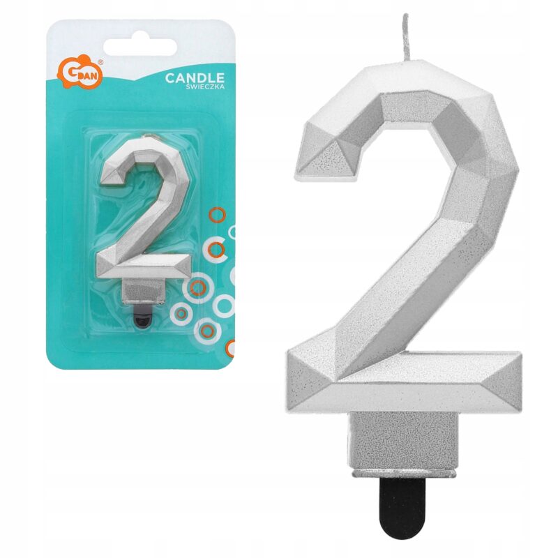 ŚWIECZKA CYFERKA 2 DIAMENT METALIK SREBRNY 7,6cm