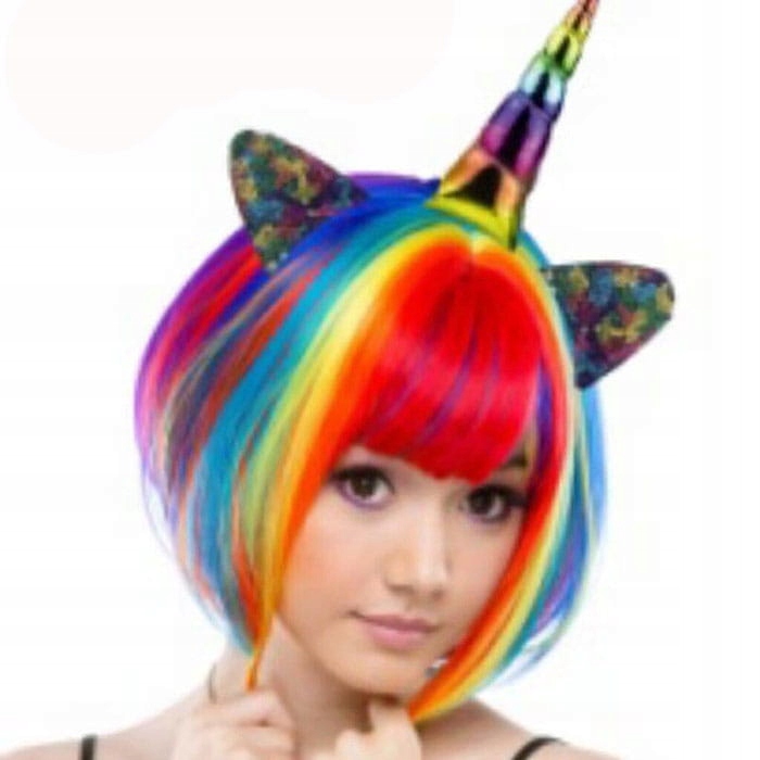 Tęczowa Peruka Bob Jednorożec Unicorn Z Rogiem, uniwersalna