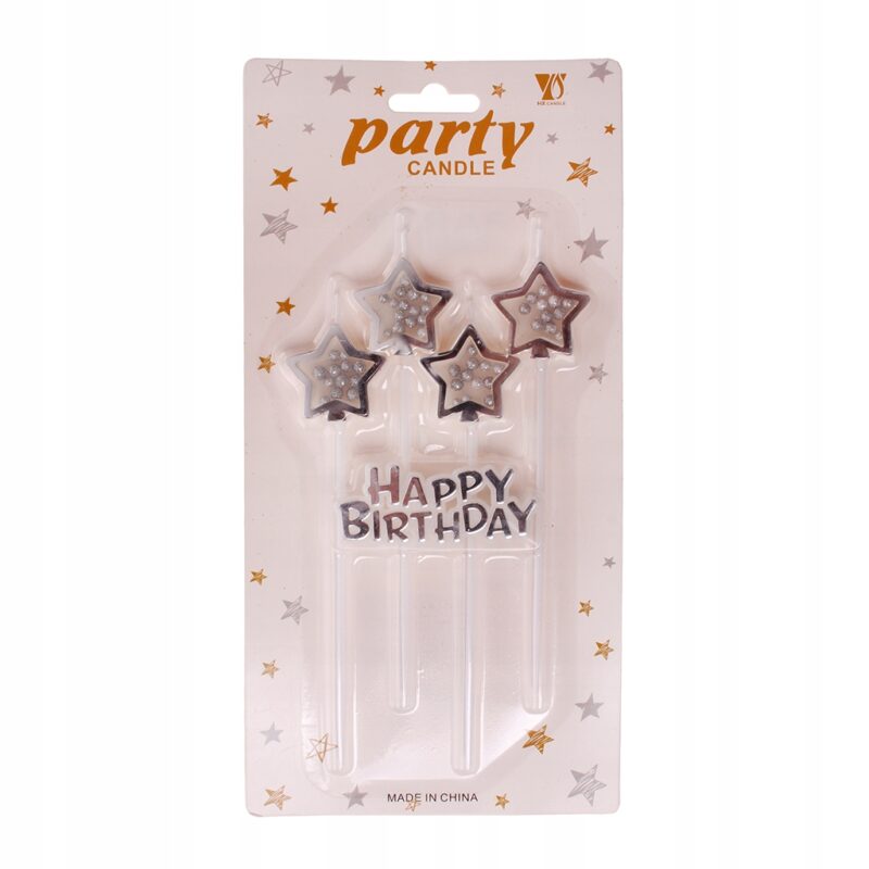 ŚWIECZKA URODZINOWA NA TORT SREBRNE GWIAZDKI 4 SZT + napis HAPPY BIRTHDAY
