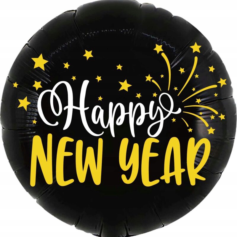 Balon foliowy okrągły czarne koło HAPPY NEW YEAR hel 45 cm nowy rok 2025