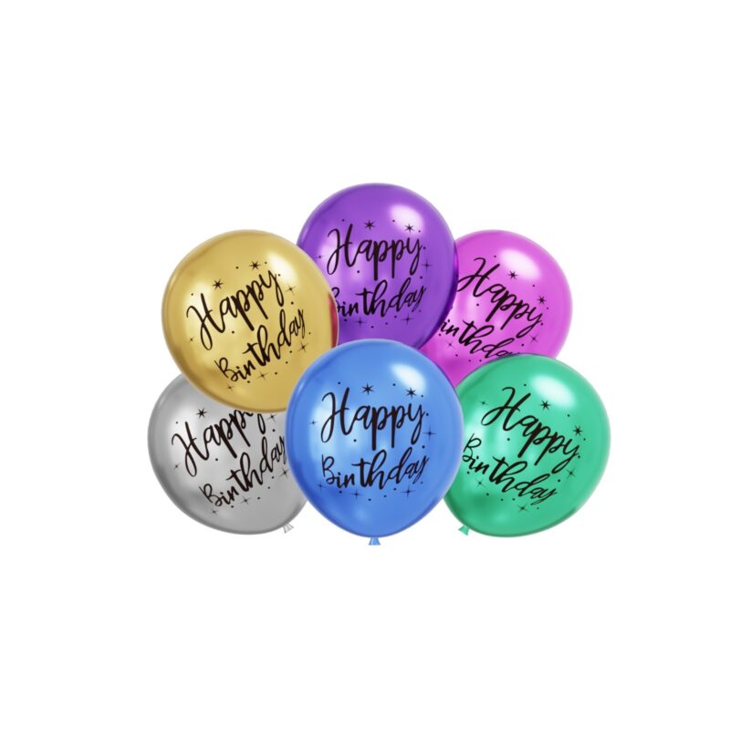 Balon lateksowy 6szt Happy Birthday 12cali chrom mix kolor, urodziny