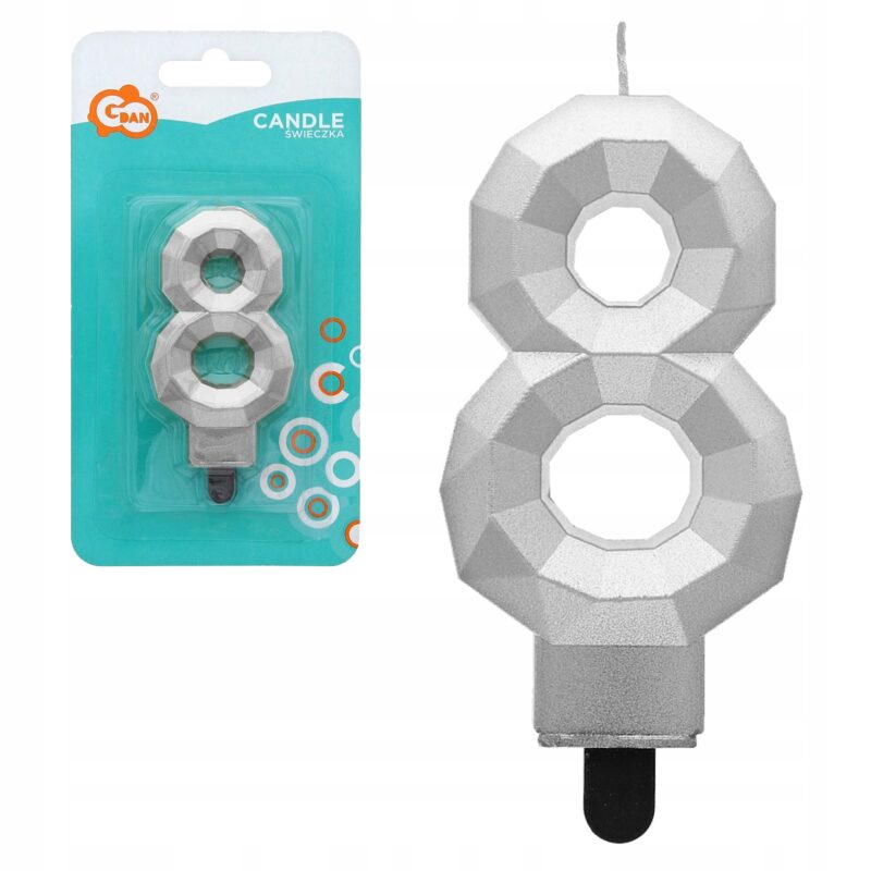 ŚWIECZKA CYFERKA 8 DIAMENT METALIK SREBRNY 7,6cm